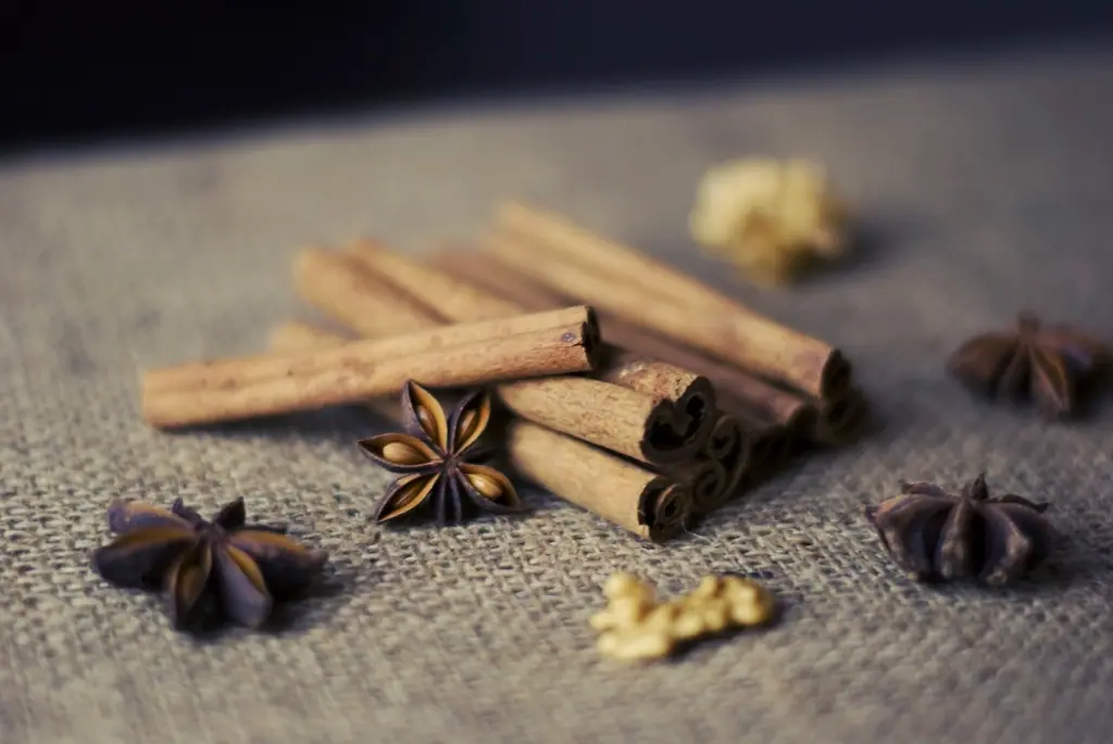 Cinnamon sticks and star anise on a jute cloth